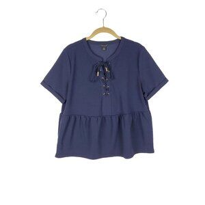 Ann Taylor Lace Up Peplum Top Navy Blue Short Sleeve Blouse Womens Size Medium